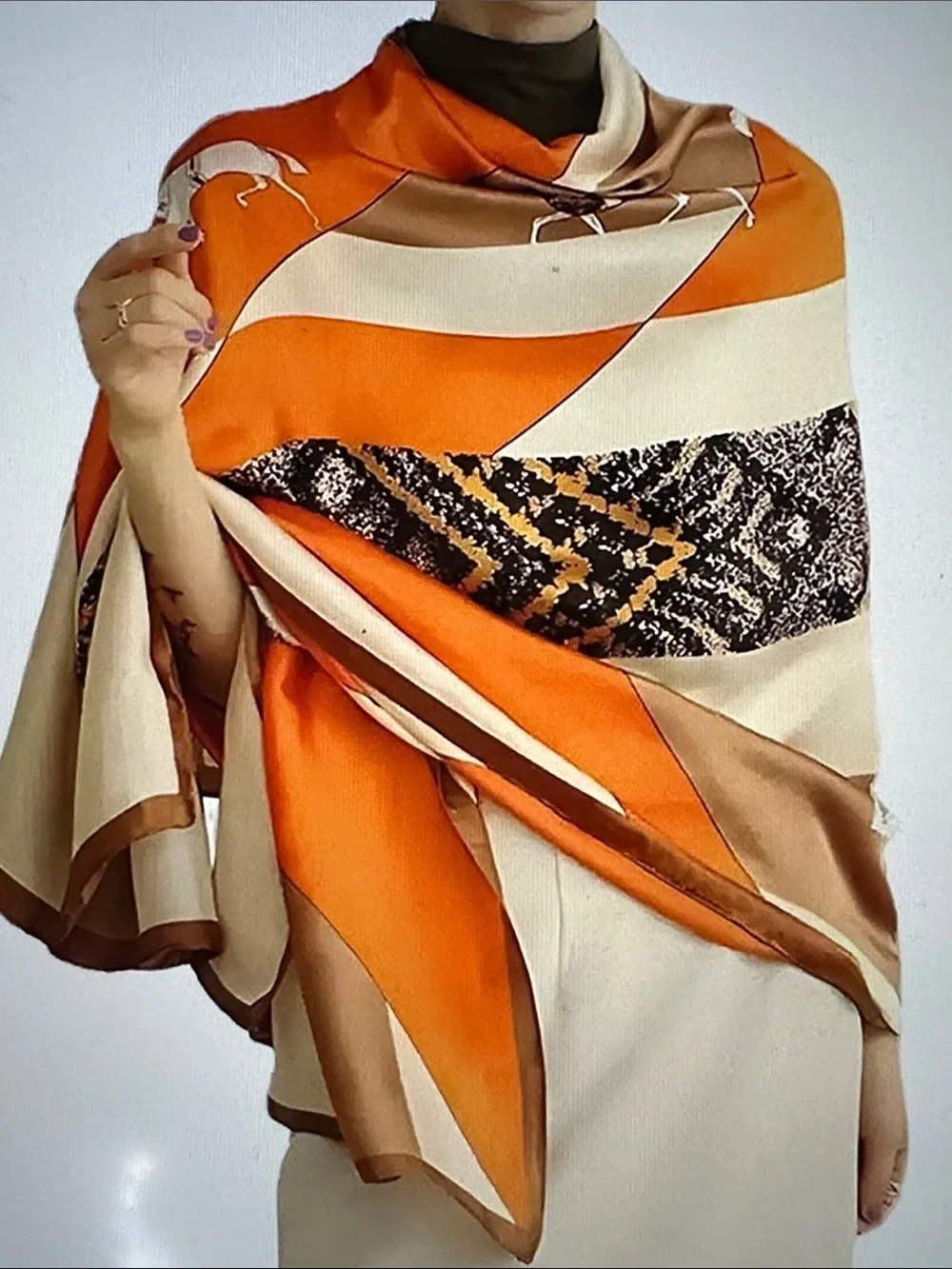 Silk-Feel Orange & Cream Women's Scarf Wrap